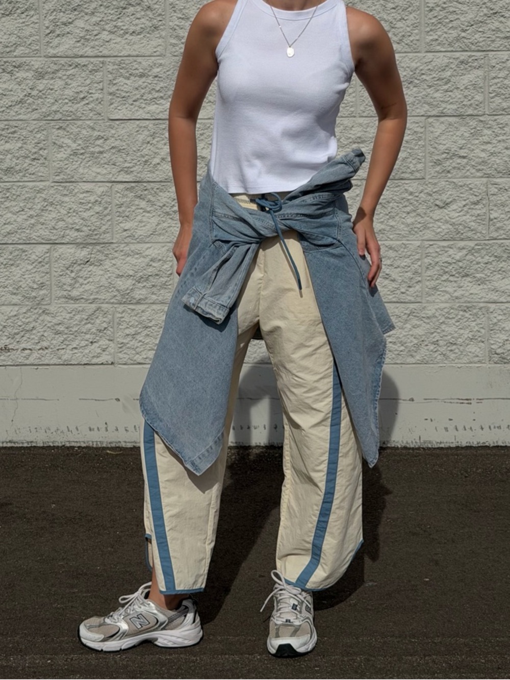 Cream/Blue Y2K Baggy Wide Leg Track Pants - Size S - Picture 5 of 5